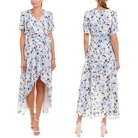 🍓 NWT Parker sz M Blue Juliet wrap high low  ruffle floral dress - Picture 1 of 13